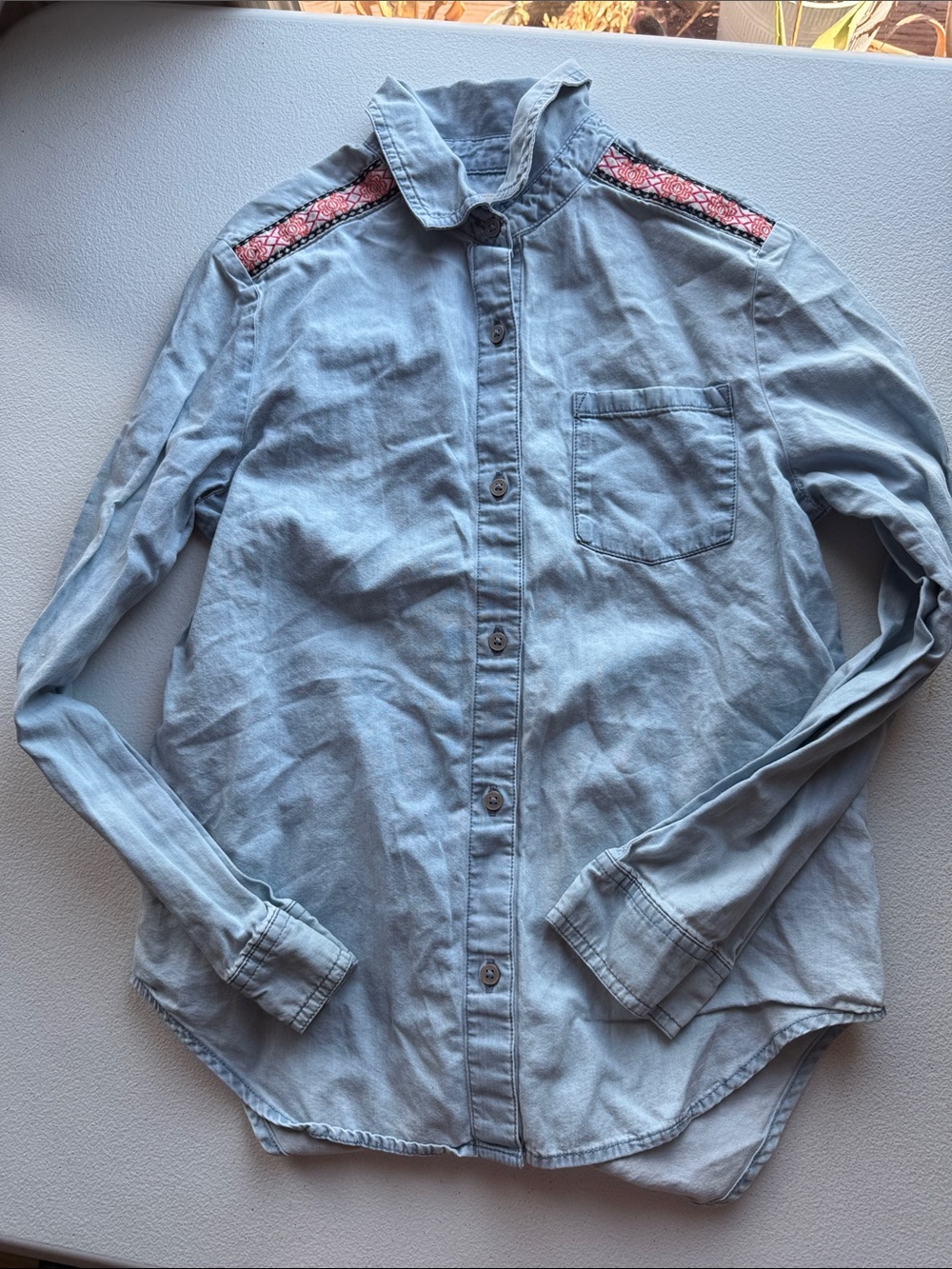 Mudd Light Blue Button-Down Shirt with Pink Shoulder Trim